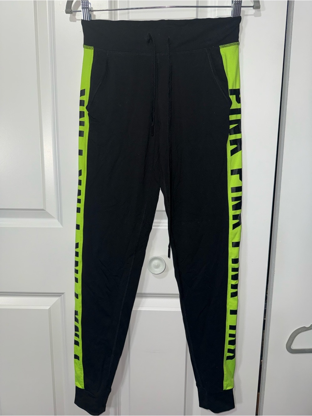PINK Victoria's Secret Black Joggers with Neon Green Side Panels